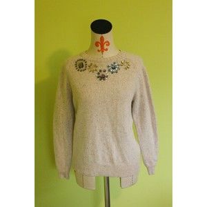 J.Crew Jeweled Lambswool Sweater Pullover Size M Medium Beige Long Sleeve Knit